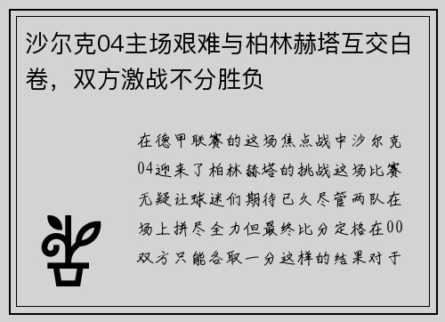 沙尔克04主场艰难与柏林赫塔互交白卷，双方激战不分胜负